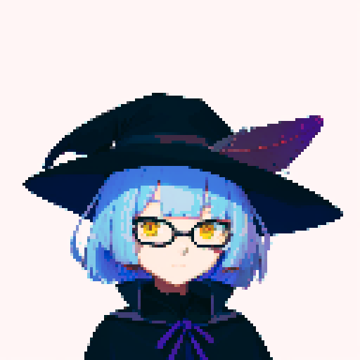 male, symmetrical face, closed mouth, yellow eyes, hair between eyes, solo male, straight-on, facing viewer, light blue hair, bob cut, white pupils, tsurime, pepekekeko, long bangs, flowing sleeves, capelet, perfect anatomy, blunt bangs, intricate details, witch hat, feather, glasses, pixel art, sRGB