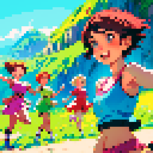 Sprite, four girls running, smiling, short hair, vibrant colors, dynamic poses, energetic expressions, sRGB, pixel art