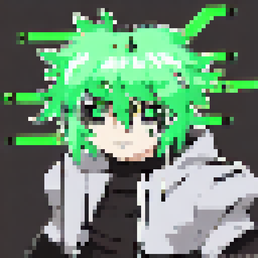 Anime hacker with neon green hair and glowing red eyes smirking mischievously in a close-up character portrait, surrounded by lines of code and circuit boards, all rendered in a pixel art anime style.