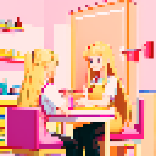 A nail tech with long blonde hair wearing a pink apron and a girl with brown hair sitting and facing each other in a nail salon. 