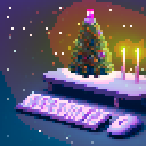 keyboard, mouse, decorated Christmas tree with twinkling lights instead of monitor, desk, 8-bit, vibrant and lively asthetic
