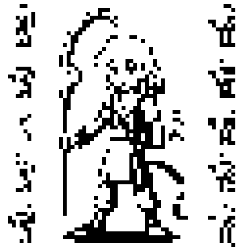 Create a detailed pixel art sprite, a character that will be based on the paraguayan myth Jasy Jatere. he is a blonde boy with long hair and bright blue eyes and carries a snake headed staff and is from indigenous mythology - please keep it culturally accurate
