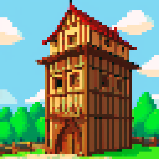 archer tower, tall and sturdy, wooden structure, arrow slits, medieval-inspired, pointed rooftop