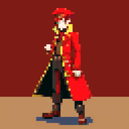 steampunk young man, red coat, red hat, 2D game stance, pixel art, sRGB