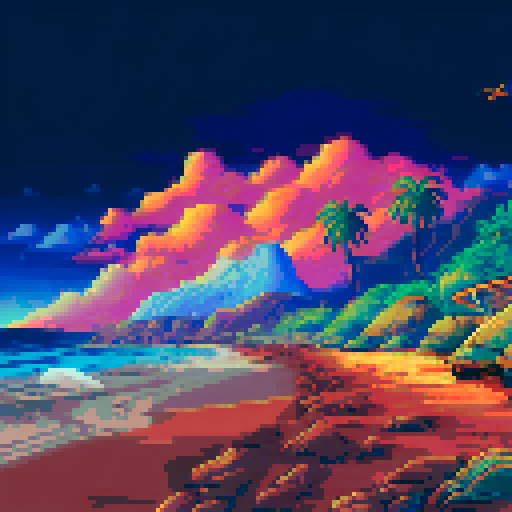 Robot turtles, vibrant colors, pixelated waves, rocky cliffs, palm trees, sunset sky, sandy beach, sparkling ocean, seagulls flying, tropical paradise, sRGB, background, landscape