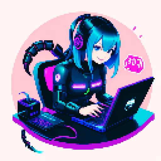 cute cyberpunk scorpion with human head, human head is from anime inspired character with vibrant hair, expressive eyes, and a playful smile, scorpion is playing computer games, tables with potato chips and coca cola, scorpion's tail should be fully in the picture
