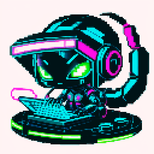 cute cyberpunk scorpion with human head, human head is from anime inspired character with vibrant hair, expressive eyes, and a playful smile, scorpion is playing computer games, tables with coca cola, scorpion's tail should be fully in the picture, bright yellow and cyan and pink lights