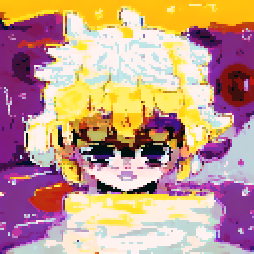 Lunar priest with flowing robes and a serene expression, featuring a color palette of vibrant yellows and deep purples, rendered in a close-up, pixel art anime style.