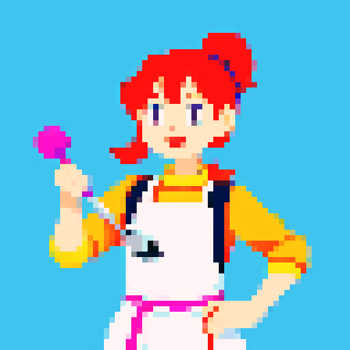 Cute, vibrant, playful chef, apron, juggling utensils, pixel art, colorful, solid background, sRGB