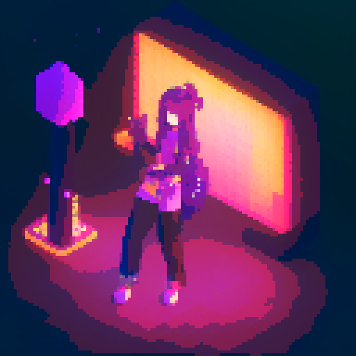 Mage anime girl with flowing hair, fluorescent tattoos, and a pixelated sniper rifle, navigating through a purple neon-lit night market and an sRGB glow