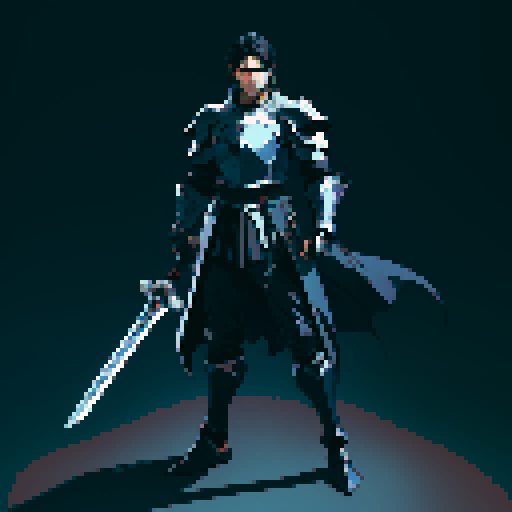 full-body image, male knight, man in black armor, giant sword, long black hair, sexy, male dark knight