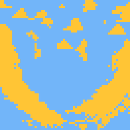 Create a 256×256 pixel art background of an expansive, high‑ceiling library in a fantasy×futuristic style. Use sky‑blue and bright orange as the two main accent colors, balanced against softer purples and warm golds. Include:

• Rows of towering bookshelves made of gleaming metal and arcane wood, glowing softly with embedded neon runes  
• Scattered magical artifacts: floating crystals, open tomes with swirling glyphs, levitating quills  
• Two cute, semi‑transparent floating brains wearing tiny