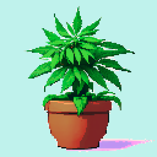 cannabis plant, vibrant green leaves, clay pot, pixelated texture, sRGB colors