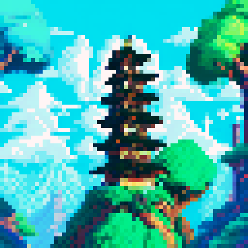 tall, ancient, japanese pagoda tower, towering above the lush, green forest, adorned with intricate, pixel art details, crowned by a majestic, green dragon, against a clear, sapphire blue sky, with a scattering of small, pixelated birds, captured from a ground-level perspective, showcasing the vibrant, sRGB colors of the landscape