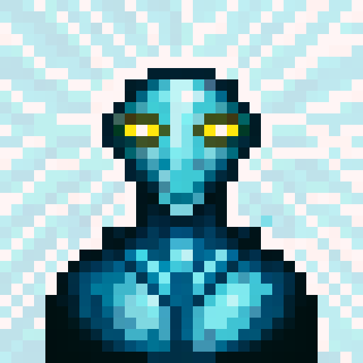 alien, two weapons, game icon, 32x32 pixel art, sRGB, skill art, close up, portrait, vibrant colors, futuristic design, glowing eyes, metallic armor, intense expression, dynamic posing, intricate details, alien technology, energy blasts