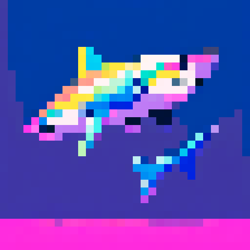 Iridescent Shark, vibrant hues, shimmering scales, pixelated art, sRGB color palette