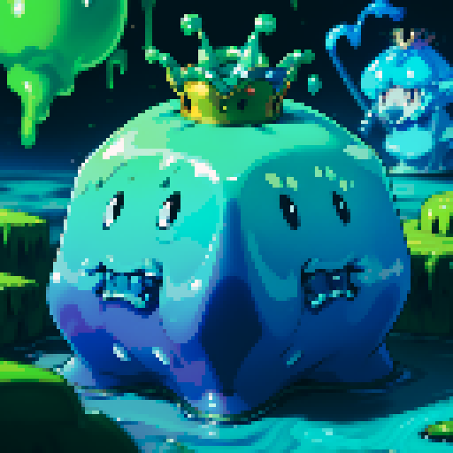 Blue Slime cube, Gelatinous cube, wearing crown, giant Slime, boss fight