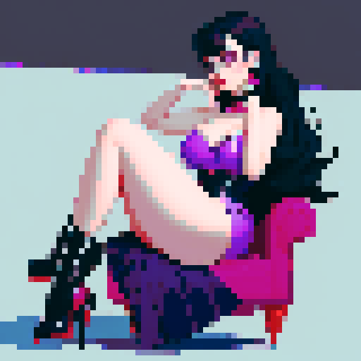 curvy, cute goth girl with black hair, purple eyeshadow, and red lipstick, in a nude glamour shot, rendered in pixel art with vibrant sRGB colors