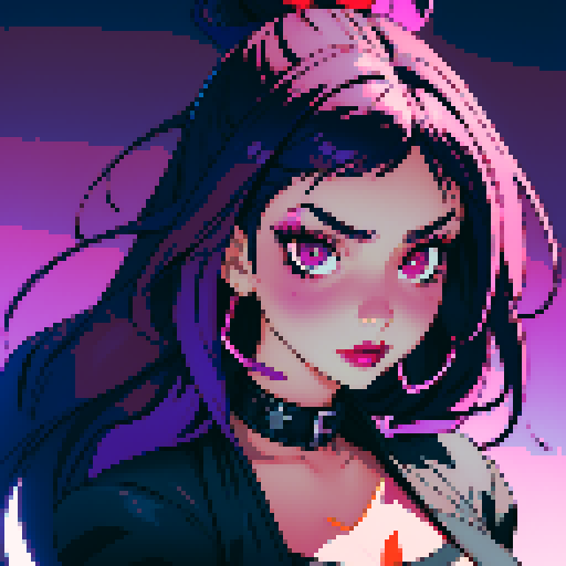 Plus size busty goth girl, with long purple hair, eyeliner, red lipstick. wearing a halter top and spiked collar. Posing for a up close face portrait. vibrant sRGB colors, pixel art, edgy aesthetic