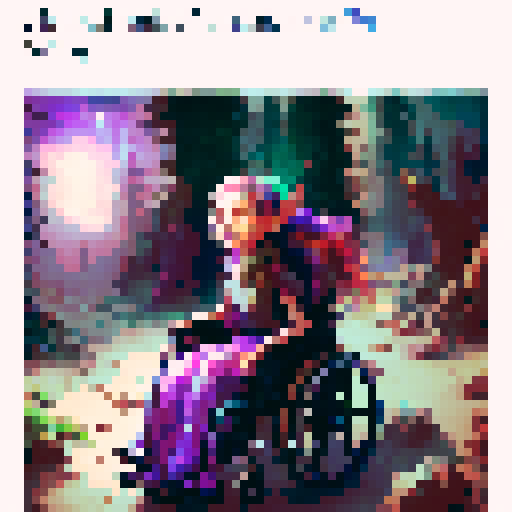 Disabled elf in a wheelchair, enchanting the forest with magic, mystical and fantastical, like a scene from a fantasy RPG