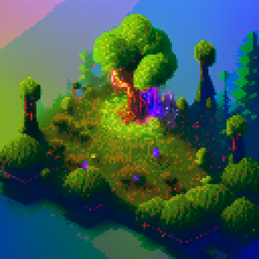 Dozens of glowing vines, pulsating with energy, wrap around a towering, gnarled tree with sparkling leaves, guarded by ethereal spirits wielding crackling lightning bolts in a pixel art landscape, with a background pulsing in sRGB hues