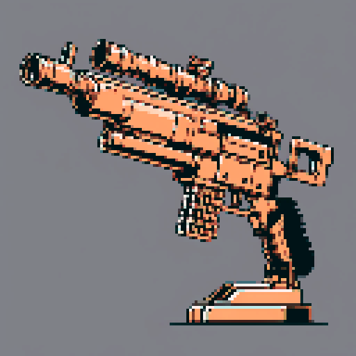 I want a copper rotary machine gun without a stand viewed from from the side. I want this object usable an asset in a videogame, meaning only one object per image, outlined with a strong black stroke, on a solid-color background.