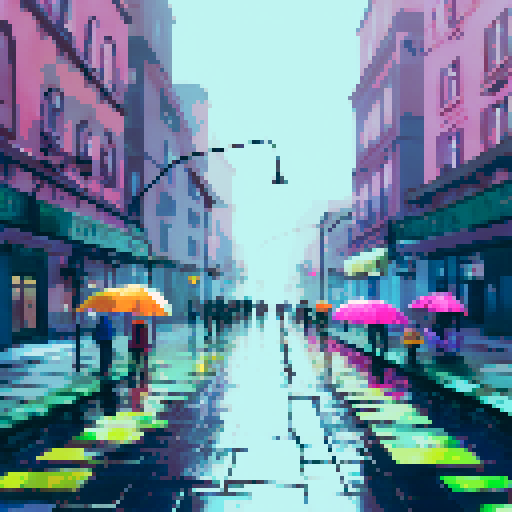colorful umbrellas, wet cobblestone streets, towering skyscrapers, shimmering reflections in puddles, misty neon lights, people huddled under awnings, rain-soaked flowers, silhouettes of city dwellers with umbrellas, cascading water droplets on windows, a foggy skyline