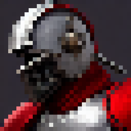 a knight wearaing red armour, side view