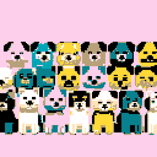 yard filled with dogs, custom color palette, one dog facing them all, microphone, pixel art, sRGB