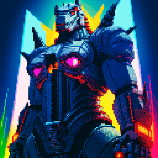 Mechagodzilla, towering metallic behemoth, adorned with intricate pixel art details, glowing with vibrant sRGB colors