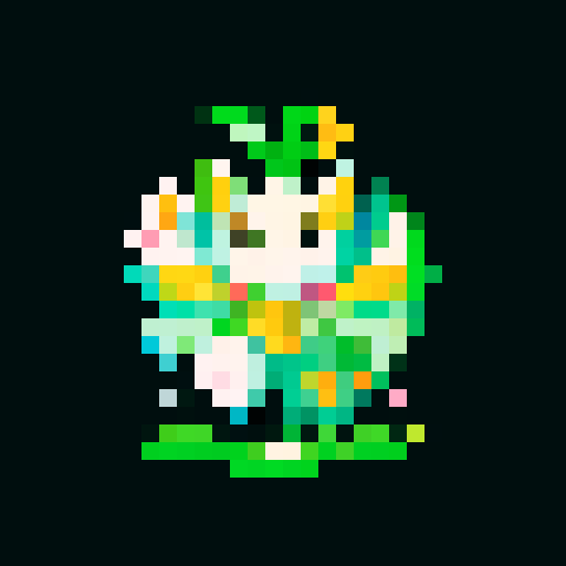 A beautiful, flower-adorned creature with vibrant petals, delicate wings, and a graceful appearance. It emits a faint floral fragrance and has a serene expression. No background.