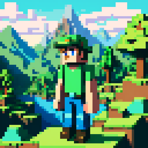 minecraft steve wearing a green fedora hat, surrounded by a vibrant, pixelated landscape with towering mountains, lush forests, and a sparkling blue river