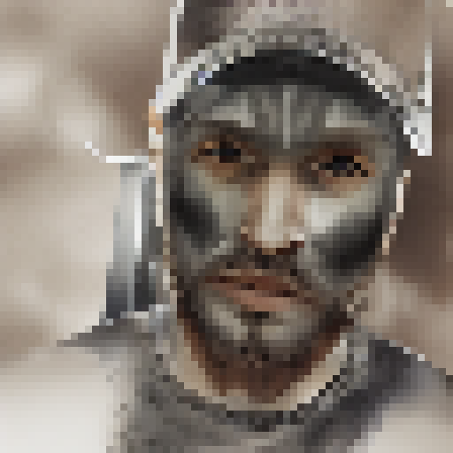 Spartan warrior holding a human skeleton while staring down a fierce lion, set against a rugged landscape with muted colors and a dramatic, portrait-style composition.