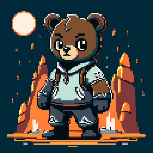Create a detailed pixel art illustration of an anthropomorphic bear. chibi, piercing, and a grim expression. Its fur is marked with intricate tribal tattoos. Set the scene in a dark, atmospheric environment with a large, ominous sun or moon in the background, and swirling clouds. The color palette should consist of dark earth tones with accents of gray and white, capturing a moody and mysterious vibe. hd quality --ar 2:3 --v 6.0 niji
