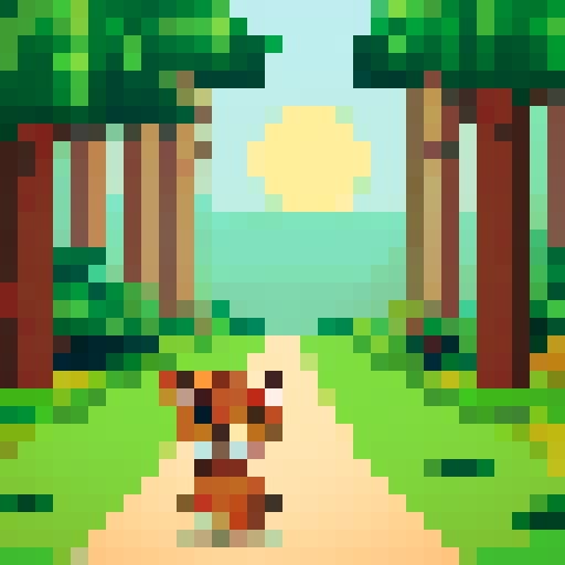 a cute jaguar in the forest. the scenery have two big trees, one at each side. the sky have a bright yellow sun