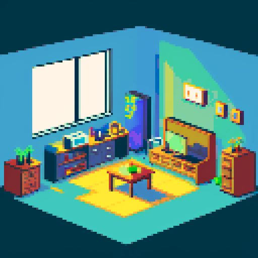 apartment of a depressed pc gamer, surrounded by drab and boring apartment interior, lost in sad melancholy, pixel art, mysterious