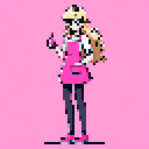 A girl with long blonde wavy long hair, wearing a pink apron and holding a nail polish bottle. 