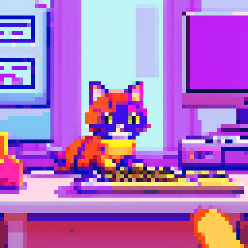 Pixelated screens, busy keyboards, feline programmers, colorful sprites, retro vibes, bustling workspace, vibrant code, digitized fur, tiny paws, 8-bit meows, sRGB palette; cat coders create pixel art with a nostalgic, retro feel