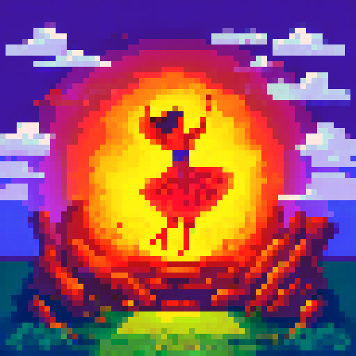 Andalusian gypsy girl, Candela, swirling in a pixel art flamenco dress as she dances the Ritual Fire Dance by a vibrant sRGB campfire, along with her ghost husband hovering over the campfire and her fellow gypsies, at night.