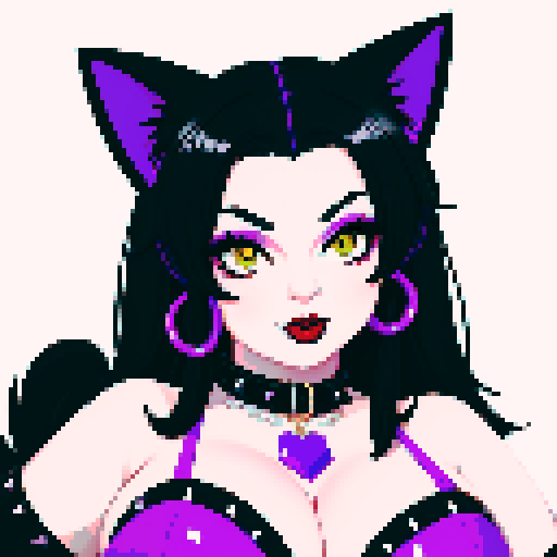 Cat girl, curvy, cute goth woman with black hair, purple eyeshadow, and red lipstick, wearing a bikini, studded collar, portrait, face avatar, in a glamour shot, sRGB color