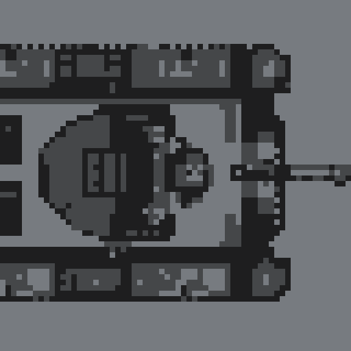 top-down tank, large turret, noticeable treads, camouflage color scheme with greens and grays, blocky retro design, detailed armor plating and barrel, pixel art, sRGB