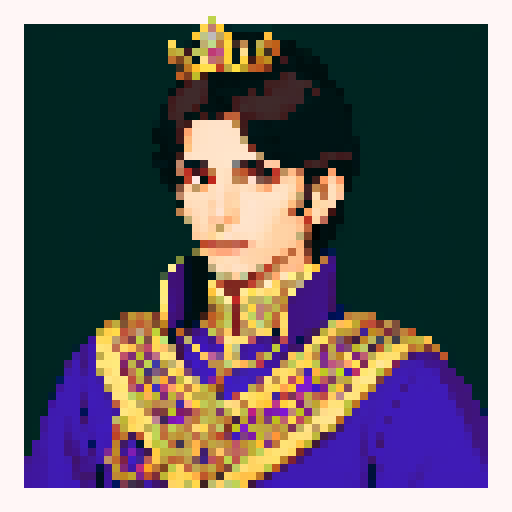 prince, regal, crown, majestic, sharp features, solver accents, royal robe, intricate embroidery, game icon, 32x32 pixel art, sRGB, skill art, close up, portrait