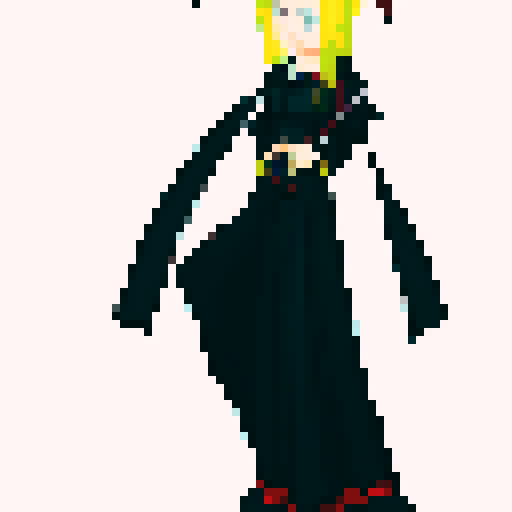 make a character with the pose of the reference image that is blonde with long hair and wearing a long flowing cape with one eye in the center of shiny decoration