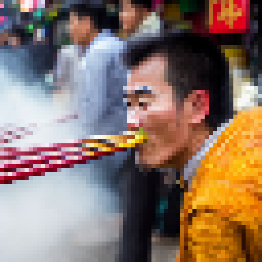 Slurping noodles, chopsticks in hand, a bald man with a bushy mustache enjoys his meal in a bustling Asian street market, surrounded by colorful lanterns and steaming food carts.