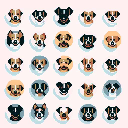 clean pixel art, 36 circles containing dog faces 