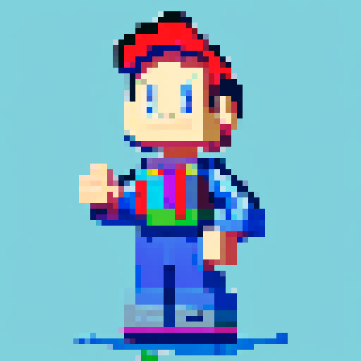 Character waving, vibrant colors, retro video game style, blocky pixel art, 8-bit graphics, animated movement, smooth transitions, nostalgic vibes, low-resolution, limited color palette, crisp edges, high contrast, iconic poses, dynamic composition