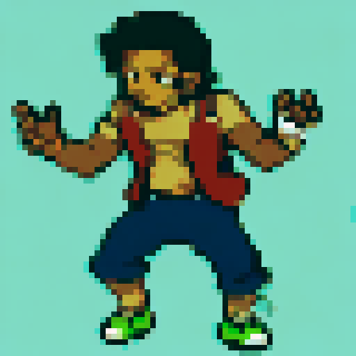Please create four different altenate, silly stances for this trainer sprite of Jerome, the silly main xqc fan rival. 64x64, magenta/transparent background. different stances. They should be like Pokemon Emerald/Firered/Leafgreen sprites, shaded, same clothes and afro