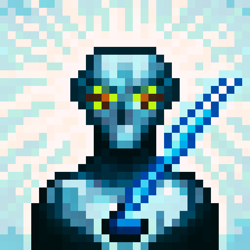 cyborg with laser beam gun, game icon, 32x32 pixel art, sRGB, skill art, close up, portrait