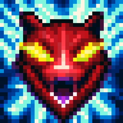 A fierce, fire-breathing monster with bright red scales, sharp claws, and glowing yellow eyes, captured in a game icon-style 32x32 pixel art using the sRGB color space, showcasing its powerful skills in a close-up, skill art portrait