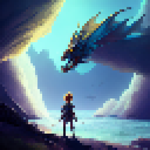 "Beach-bound boy, adorned in armor and wielding a glowing sword, gazes longingly at the shimmering sea as a majestic dragon soars overhead in the vibrant, otherworldly landscape of a fantasy RPG."